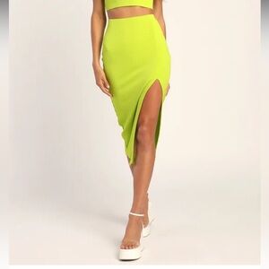Lulus Lime Green Absolute Edge Bodycon High Waisted Ribbed Midi‎ Skirt NWT S